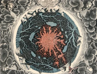 Querschnitt der Erde, zeigt zentrales Feuer und unterirdische Kanäle, die mit den Ozeanen verbunden sind, 1665