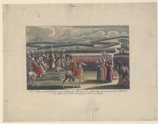 Selim III., Sultan der Türken, wird bei seiner neuen Infanterieüberprüfung auf dem Land begrüßt