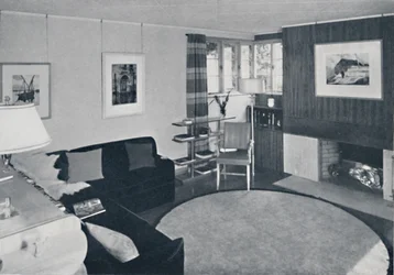 Sewall Smith. Wohnzimmer im eigenen Haus des Architekten in Niagara Falls, N.Y., in Türkis, Koralle