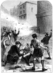 Soldaten schießen auf Aufständische während des Aufstands in Glasgow, 1706, 19. Jahrhundert