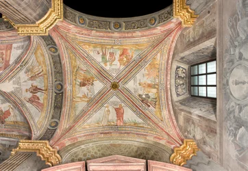 Südliches Querschiff, erster östlicher Spann, Jakob schickt Josephs Sohn zur Weide, Plan der Brüder, Joseph zu fangen, Ruben schlägt vor, ihn in den Brunnen zu werfen, Joseph wird an Händler verkauft, Kathedrale Santa Maria Assunta, Duomo, Cremona, Lombard