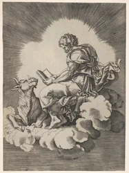 St. Lukas, sitzend auf einer Wolke mit einem offenen Buch in beiden Händen, ein Stier liegt zu seinen Füßen, nach 1518