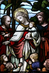 Buntglasfenster, das Jesus zeigt, wie er Kinder willkommen heißt, Billingshurst, Großbritannien