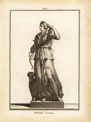 Statue der Diana Venatrix, römische Göttin der Jagd, mit Bogen, Pfeil und Köcher