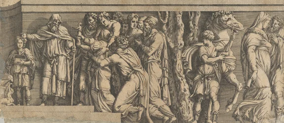 Statue von Niobe und ihren Verehrern, mit Apollo und Diana und anderen Figuren, 1543-47