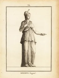 Statue der römischen Göttin der Weisheit Minerva Ergane (Minerva die Arbeiterin), mit Helm und Schlange