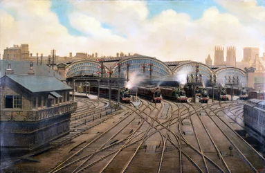 Dampflokomotiven am Bahnhof York, Yorkshire, ca. 1910