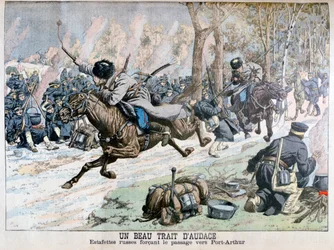 Überraschungsangriff der russischen Kavallerie auf der Straße nach Port Arthur, Russisch-Japanischer Krieg, 1904