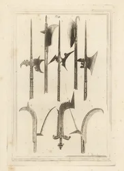 Schwertklingen-Hellebarde, Brauner Spieß, Lochaber-Axt, Antiker Spieß, Handspieß mit kleinen Glocken und Spieß gefunden in Battefield, Shrewsbury