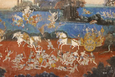 Silberpagode: Dieses Wandgemälde zeigt Szenen aus dem Reamker, der kambodschanischen Version des klassischen hinduistischen Gedichts Ramayana, Phnom Penh, Kambodscha