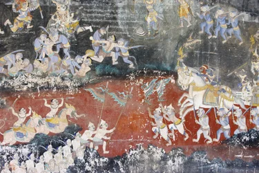 Silberpagode. Dieses Wandgemälde zeigt Szenen aus dem Reamker, der kambodschanischen Version des klassischen hinduistischen Gedichts Ramayana