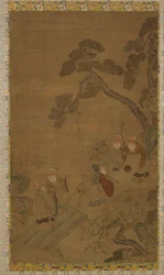 Wandteppich: Fünf Weise in einem Garten unter Kiefern, Ming-Dynastie bis Qing-Dynastie, 1368-1911