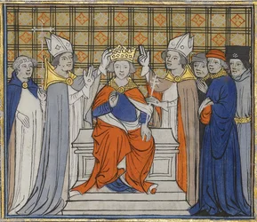 Die Salbung und Krönung Ludwigs IV. in Laon, 19. Juni 936. Aus den Grandes Chroniques de France, 15