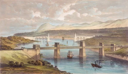 Die Britannia-Röhrenbrücke, Menai-Straße, Wales, ca. 1850
