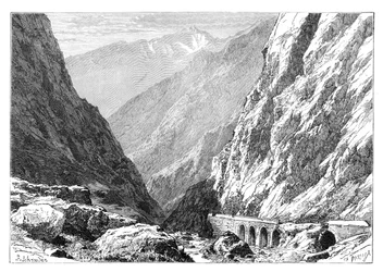 Die Darial-Schlucht an der Grenze zwischen Russland und Georgien, 1895