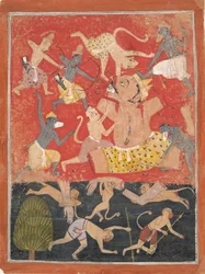 Der Dämon Kumbhakarna wird von Rama und Lakshmana besiegt