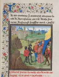 Die Botschaft von Peter dem Einsiedler und Herluin an Kerbogha. Miniatur aus der Historia von Wilhelm von Tyrus