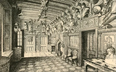 Die Eingangshalle. - Entlang der Wand sind viele alte Rüstungen., 1882
