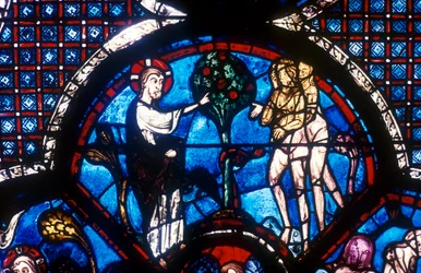 Das Fenster des barmherzigen Samariters, Kathedrale von Chartres, Frankreich, 13. Jahrhundert