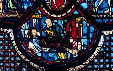 Der barmherzige Samariter kümmert sich um den Pilger, Buntglasfenster, Kathedrale von Chartres, Frankreich, 1205-1215
