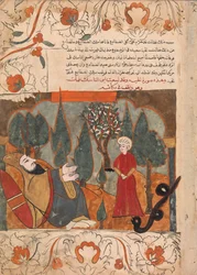 Die alte Schlange erzählt die Geschichte vom Beißen des Asketensohnes aus Versehen, Folio aus einem Kalila..., 18. Jahrhundert