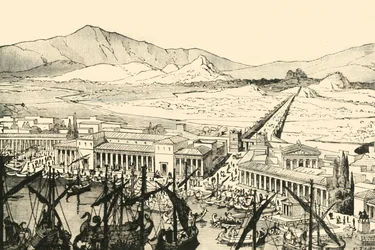 Der Hafen von Piräus mit den Langen Mauern, restauriert, 1890