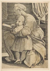 Die Jungfrau liest mit dem Christuskind, Frau im Profil nach links sitzend, ca. 1515-1600