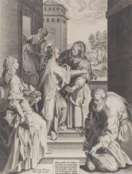 Die Heimsuchung, die Jungfrau und die heilige Elisabeth umarmen sich in der Mitte, flankiert von anderen Figuren, 1589
