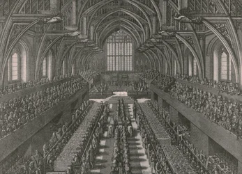 Das Bankett in der Großen Halle des Palace of Westminster... Krönung Jakobs II. im Jahr 1685, 1902.