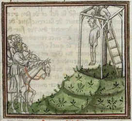 Die Hinrichtung von Enguerrand de Marigny. Aus Grandes Chroniques de France, 14. Jahrhundert
