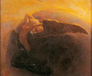 Die goldene Sonne weckt den Mond, dargestellt als geflügelte Frau
