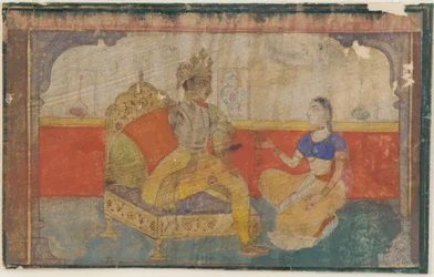 Der Liebhaber Krsna im Gespräch mit dem Boten der Geliebten, aus einem Rasikapriya, ca. 1617