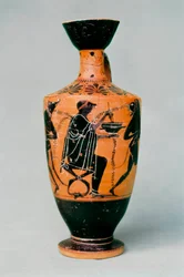 Die Zauberin Circe, dargestellt auf einer Keramikvase mit schwarzen Figuren. Antikes Griechenland, 5. - 4. Jahrhundert v. Chr.