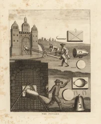 Die Petarde, ein mittelalterliches Sprenggerät in Form eines Metallkegels, gefüllt mit Schießpulver, das an einem Tor befestigt wird, um es zu sprengen