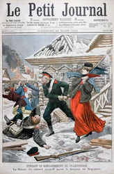 Die Frau von Oberst Jankoff rettet die Regimentsfahnen, Bombardierung von Wladiwostok, 1904