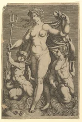 Thetis stehend mit zwei Tritonen