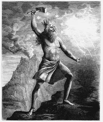 Thor, Gott des Donners im skandinavischen Pantheon, schwingt seinen Hammer, 1874