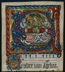 Drei Ausschnitte aus einem Missale: Initiale E mit den Engeln der Grablegung, ca. 1470-1500
