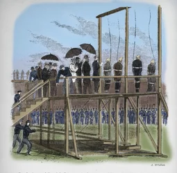 Drei Männer und eine Frau, die wegen der Ermordung Lincolns gehängt wurden, um 1865, 1938