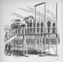 Drei Männer und eine Frau, die wegen der Ermordung Lincolns gehängt wurden, ca. 1865, 1938