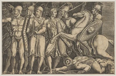 Trajan kämpft gegen die Daker, Trajan zu Pferd rechts reitend auf eine Gruppe zu, ca. 1515-1600