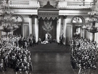 Zar Nikolaus II. spricht bei der Eröffnung der ersten Duma, St. Petersburg, Russland, 27. April 1906