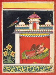 Zwei Liebende in einem Pavillon, aus einem Amarushataka Hundert Gedichte von Amaru..., ca. 1680