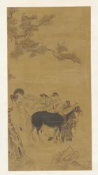 Zwei Männer und zwei Pferde unter einem Kiefernbaum, Qing-Dynastie