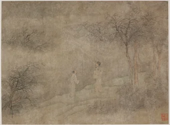 Zwei Männer gehen in einem nebligen Hain, Ming-Dynastie, 1368-1644