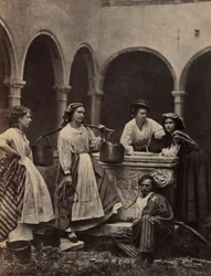 Genrebild mit vier Frauen und einem Mann, späte 19. Jahrhundert