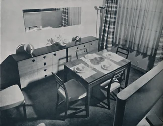 Ansicht im Wohn-Esszimmer, entworfen von Gilbert Rohde, 1936