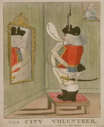 Ansicht eines beleibten Stadtfreiwilligen, der sich im Spiegel bewundert, 1785