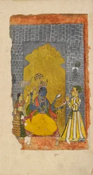 Vishnu auf dem Thron mit einem fürstlichen Verehrer vor ihm stehend, um 1700-1725