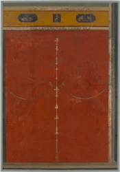 Wandmalerei auf rotem Grund: Kandelaber mit Fries, aus der kaiserlichen Villa..., 1. Jahrhundert v. Chr.